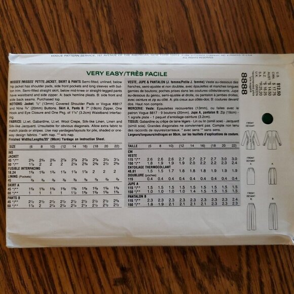 90s Vogue Pattern 8888 Semi Fitted Below Hip Jacket V Neck Skirt Pants 12 14 16 - Picture 3 of 3